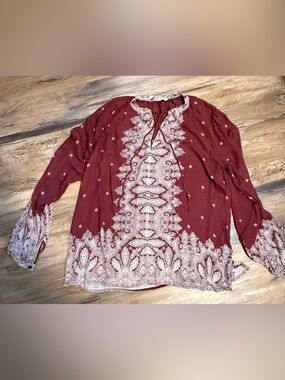 Lucky Brand Rust Red Printed Peasant Tunic
